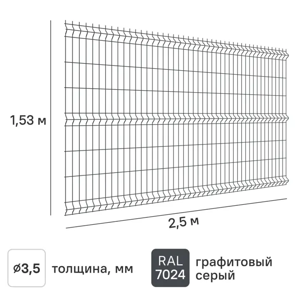 3D панель для забора Grand Line Light 2.5x1.53 м полиэстр RAL 7024 графит