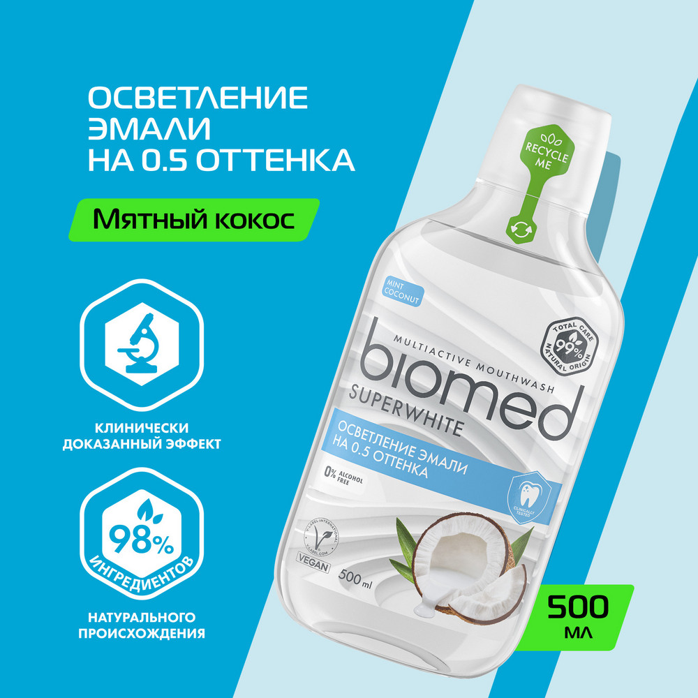 Антибактериальный ополаскиватель для полости рта бережное отбеливание BIOMED SUPERWHITE Кокос, 500 мл