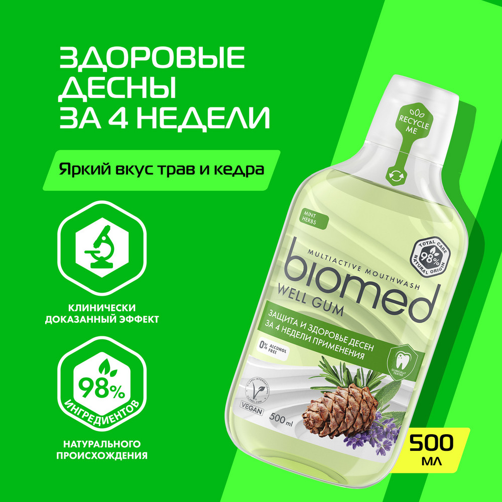 Антибактериальный ополаскиватель для полости рта здоровье десен BIOMED WELL GUM Мята, 500 мл