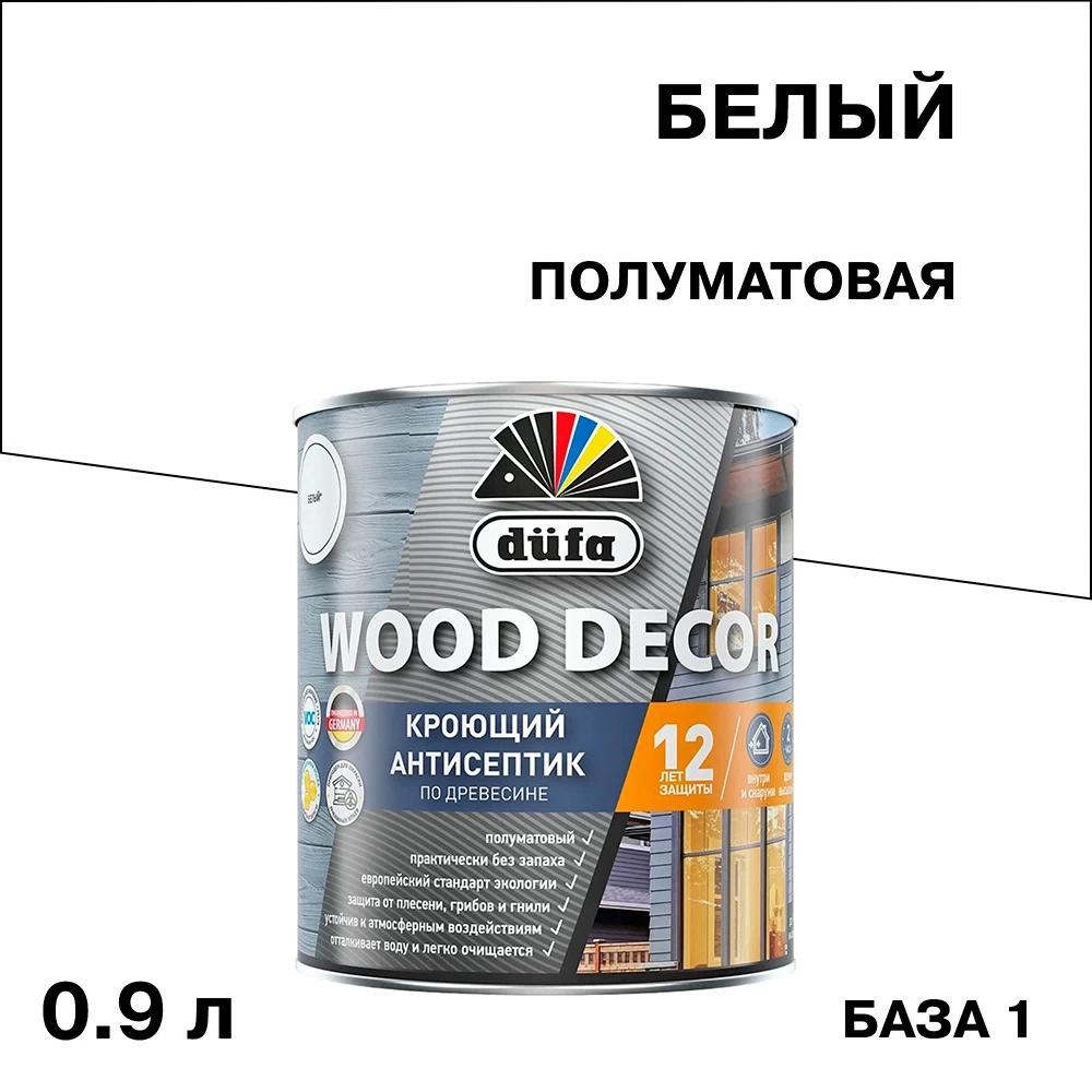 Антисептик Dufa Wood Decor кроющий декоративный для дерева база 1 белый 0,9 л