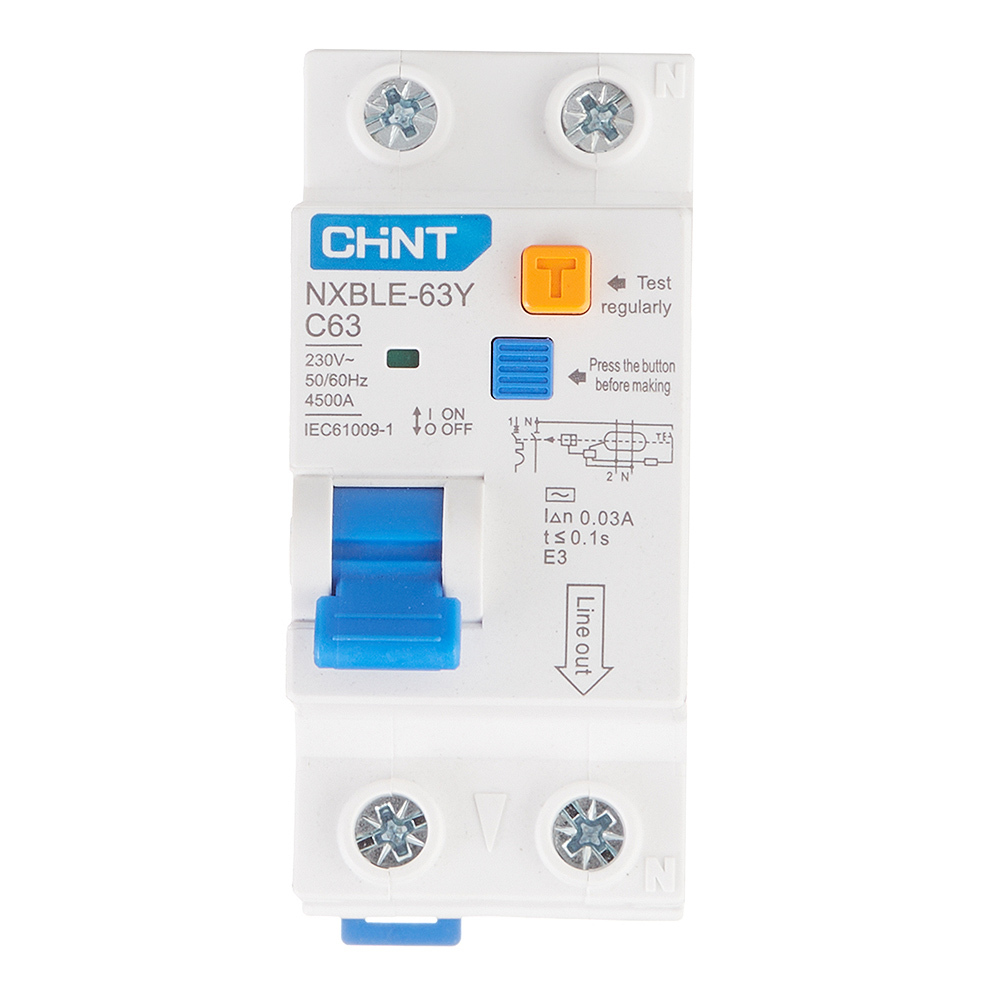 Автомат дифференциальный Chint NXBLE-63Y 63А 1P+N тип AC 30 мА 4,5 кА компактный (105548)