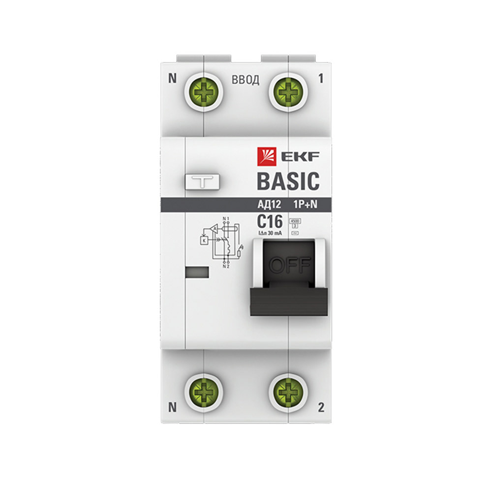 Автомат дифференциальный EKF Basic АД-12 16А 1P+N тип AC 30 мА 4,5 кА (DA12-16-30-bas)