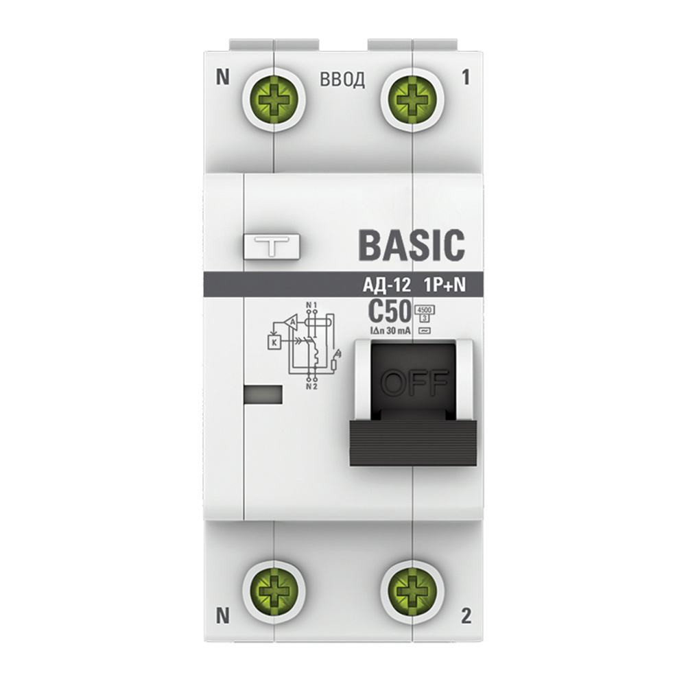 Автомат дифференциальный EKF Basic АД-12 50А 1P+N тип AC 30 мА 4,5 кА (DA12-50-30-bas)
