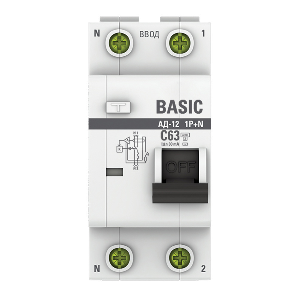 Автомат дифференциальный EKF Basic АД-12 63А 1P+N тип AC 30 мА 4,5 кА (DA12-63-30-bas)