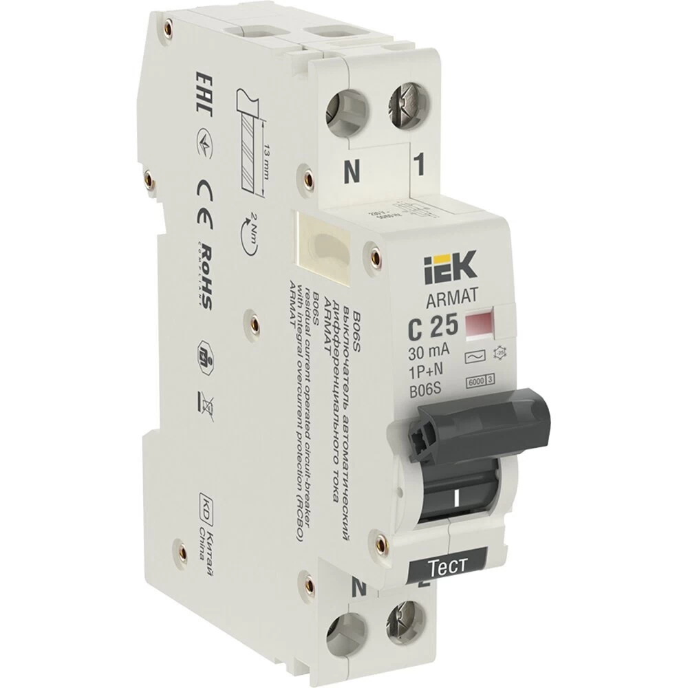 Автомат дифференциальный IEK Armat B06S 25А 1P+NP тип AC 30 мА 6 кА (AR-B06S-1N-C25C030)
