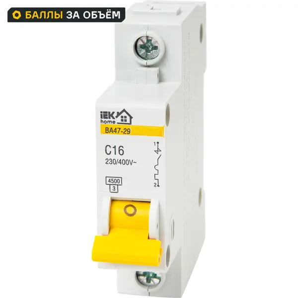 Автоматический выключатель IEK Home ВА47-29 1P C16 А 4.5 кА