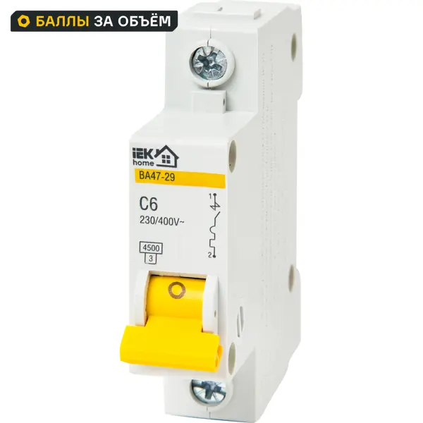 Автоматический выключатель IEK Home ВА47-29 1P C6 А 4.5 кА