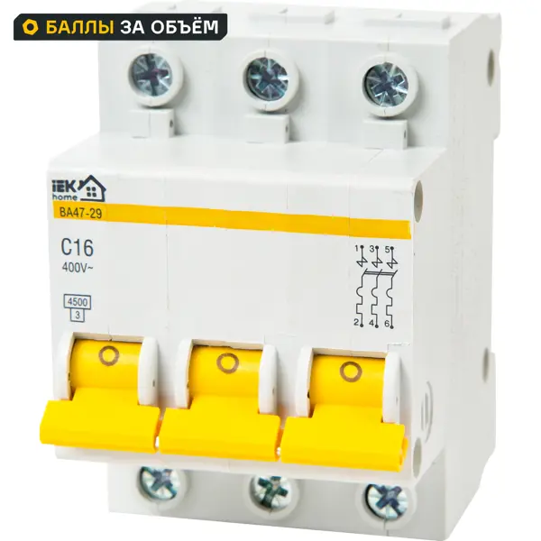 Автоматический выключатель IEK Home ВА47-29 3P C16 А 4.5 кА