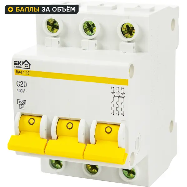 Автоматический выключатель IEK Home ВА47-29 3P C20 А 4.5 кА