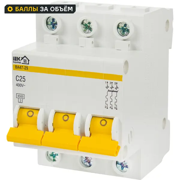 Автоматический выключатель IEK Home ВА47-29 3P C25 А 4.5 кА