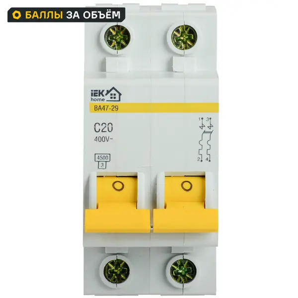 Автоматический выключатель IEK ВА47-29 2P N C20 А 4.5 кА