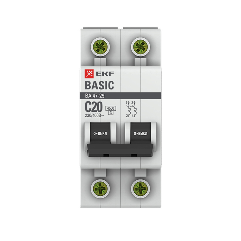 Автоматический выключатель модульный EKF Basic ВА 47-29 2P 20А тип C 4,5 кА 230 В (mcb4729-2-20C)
