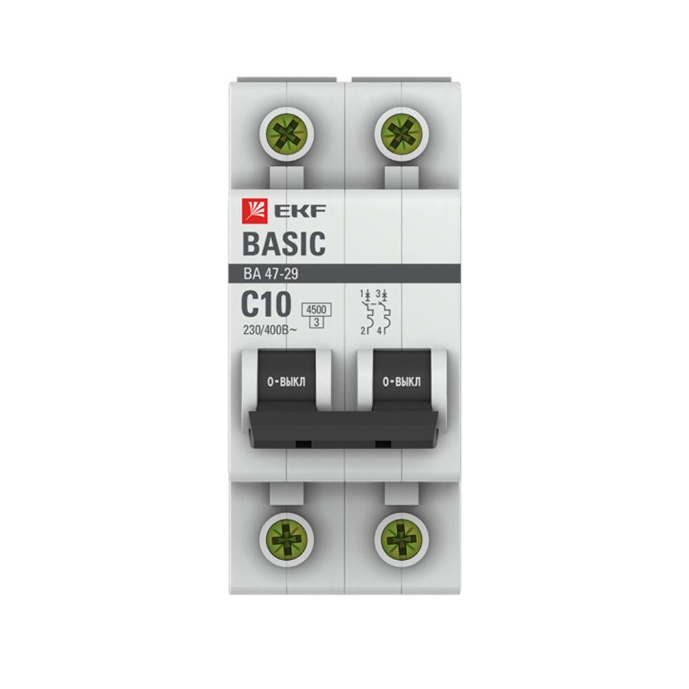 Автоматический выключатель модульный EKF Basic ВА 47-29 2P 10А тип C 4,5 кА 230 В (mcb4729-2-10C)