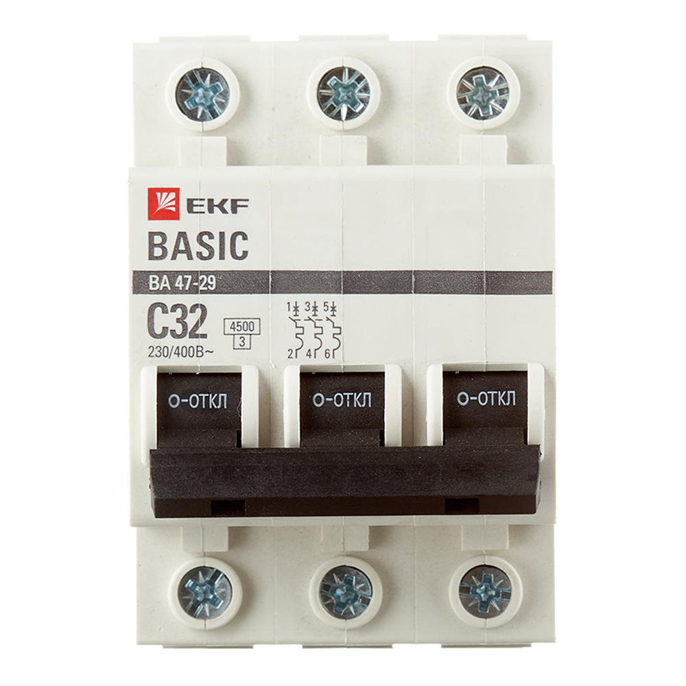 Автоматический выключатель модульный EKF Basic ВА 47-29 3P 32А тип C 4,5 кА 400 В (mcb4729-3-32C)