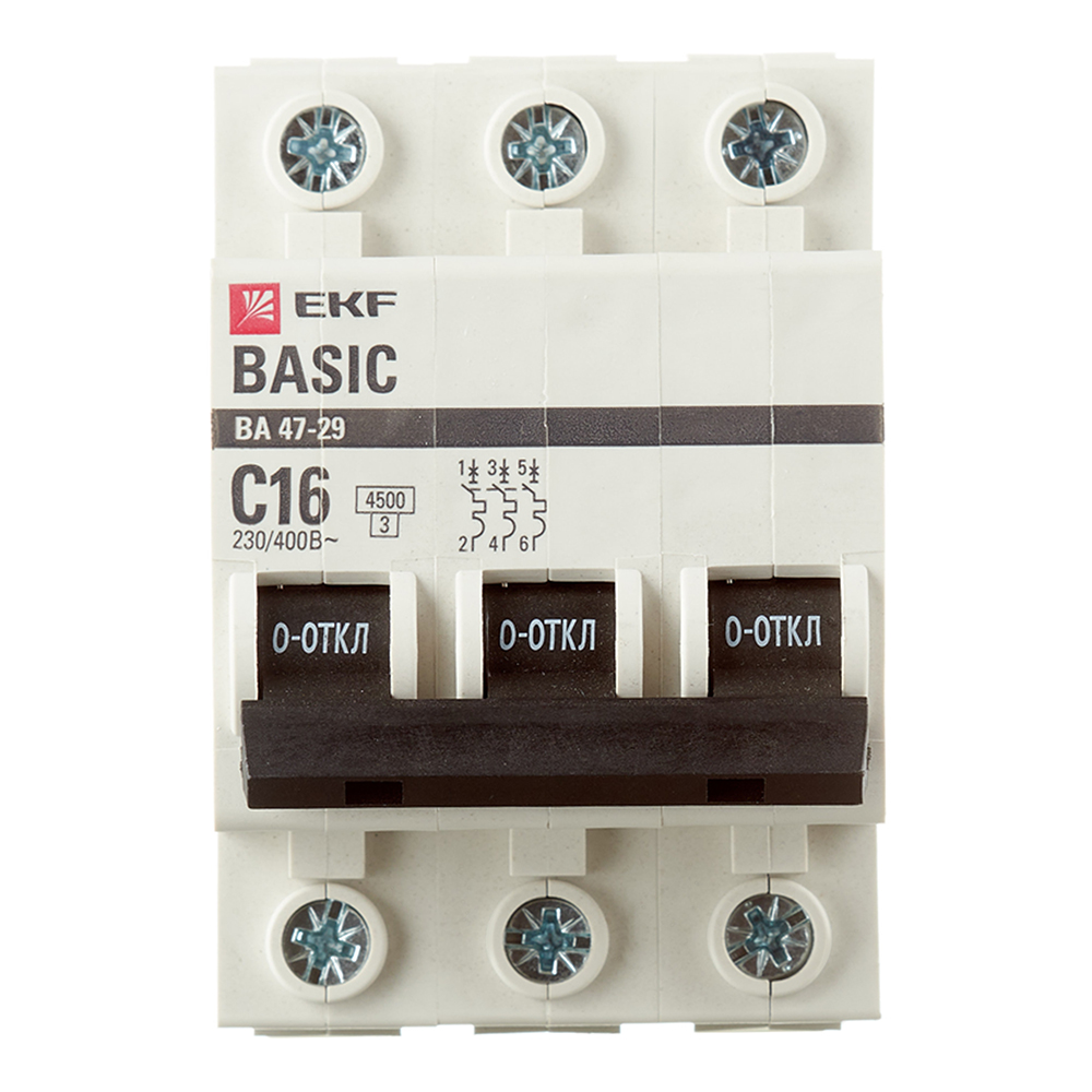 Автоматический выключатель модульный EKF Basic ВА 47-29 3P 16А тип C 4,5 кА 400 В (mcb4729-3-16C)