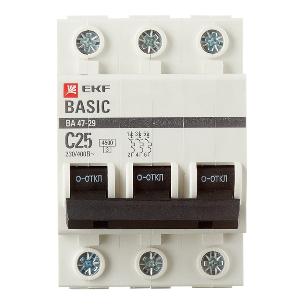 Автоматический выключатель модульный EKF Basic ВА 47-29 3P 25А тип C 4,5 кА 400 В (mcb4729-3-25C)