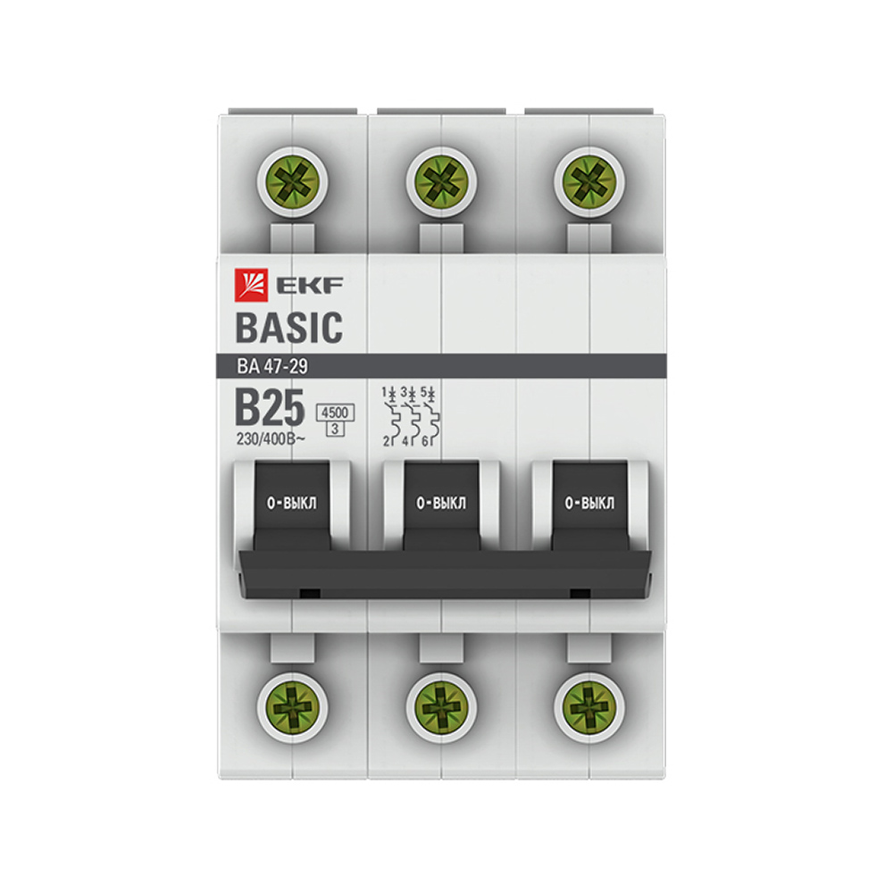 Автоматический выключатель модульный EKF Basic ВА 47-29 3P 25А тип B 4,5 кА 400 В (mcb4729-3-25-B)