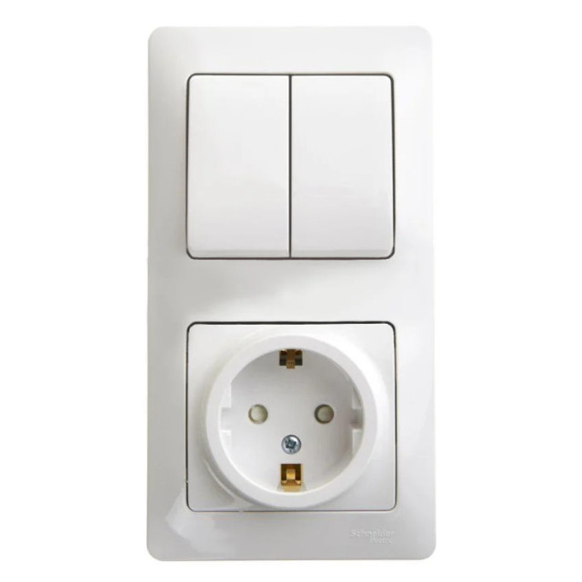 блок 2-клавишный выключатель и розетка SYSTEME ELECTRIC Glossa c/з белый
