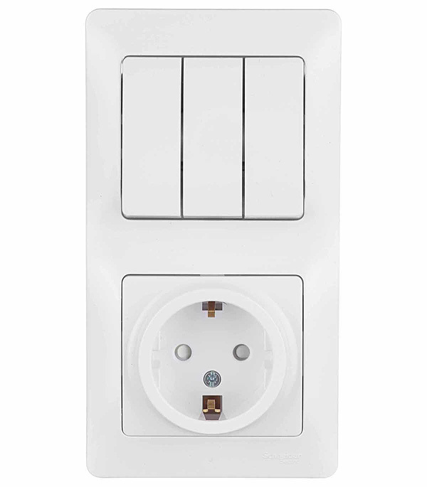 Блок выключатель и розетка Systeme Electric Glossa трехклавишный встраиваемый белый со шторками (GSL000178)