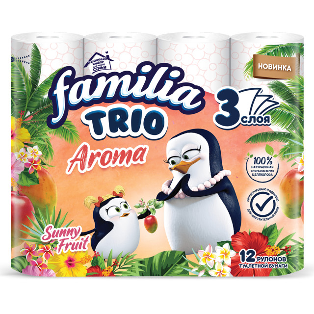 бумага туалетная FAMILIA Trio Sunny Fruit 12шт в уп. 3-слойные 140 листов парфюмированная
