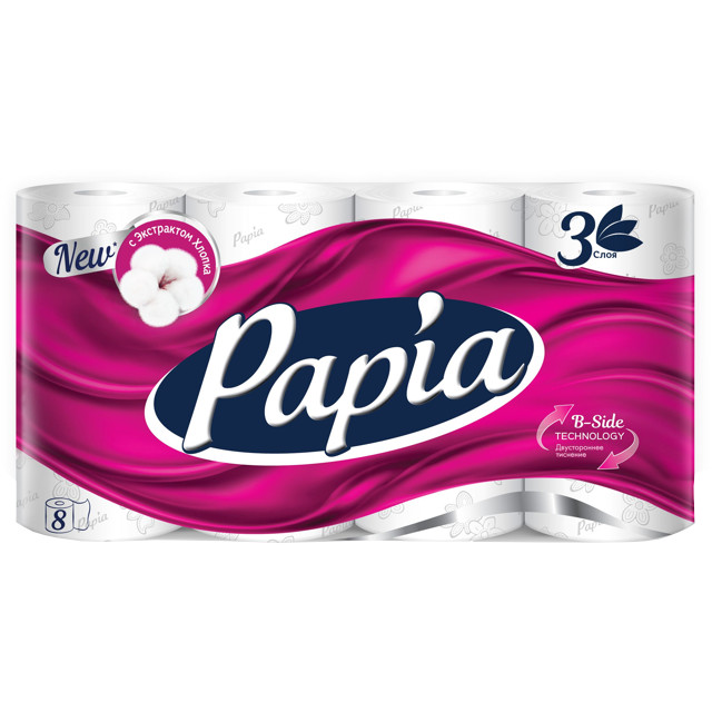 бумага туалетная PAPIA 8 шт/уп. 3-слойные 140 листов без аромата