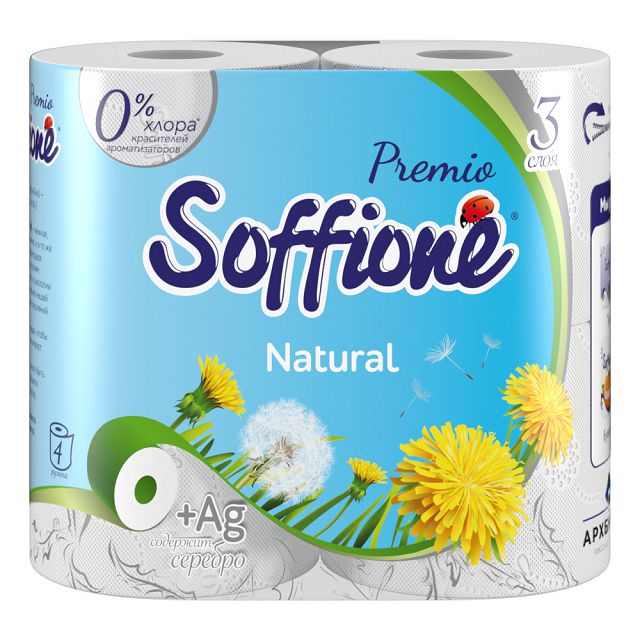 бумага туалетная SOFFIONE Premio Natural 4шт в уп. 3-слойные 140 листов без аромата