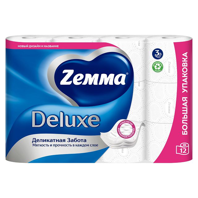 бумага туалетная ZEMMA Deluxe 12шт в уп. 3-слойные 145 листов без аромата