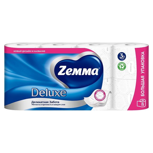 бумага туалетная ZEMMA Deluxe 8шт в уп. 3-слойные 145 листов без аромата
