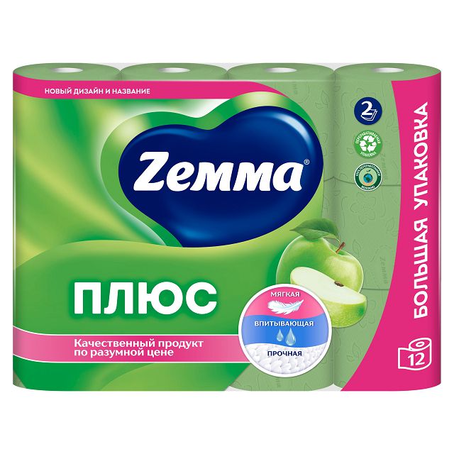 бумага туалетная ZEMMA Плюс 12шт в уп. 2-слойные 184 листов аромат яблоко
