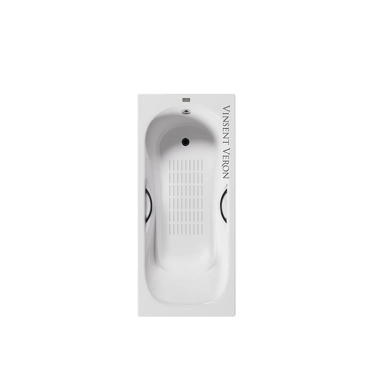 Чугунная ванна Vinsent Veron Aura 180x80 VAU1808045H/VH0015BL-AS цвет Белый с дугообразными черными матовыми ручками и антискользящим покрытием