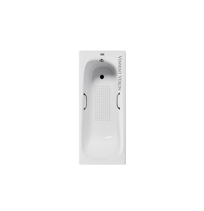 Чугунная ванна Vinsent Veron Concept 140x70 VCO1407042H/VH0012BL-AS цвет Белый с квадратными черными матовыми ручками и антискользящим покрытием