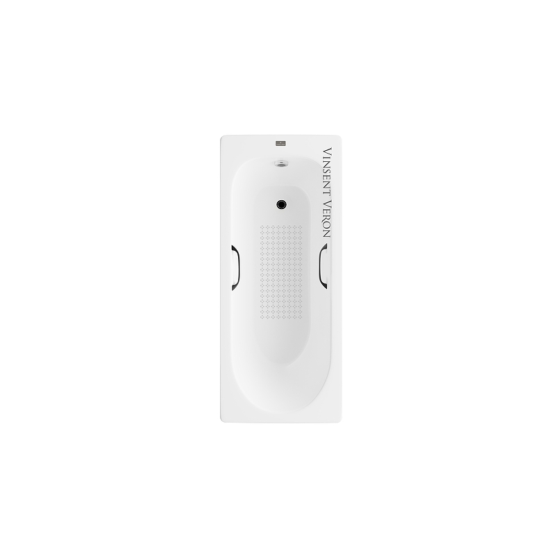 Чугунная ванна Vinsent Veron Soissons 170x70 VCN1707042H/VH0012BL-AS цвет Белый с квадратными черными матовыми ручками и антискользящим покрытием