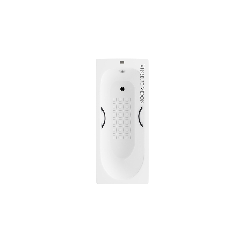 Чугунная ванна Vinsent Veron Soissons 170x70 VCN1707042H/VH0015BL-AS цвет Белый с дугообразными черными матовыми ручками и антискользящим покрытием