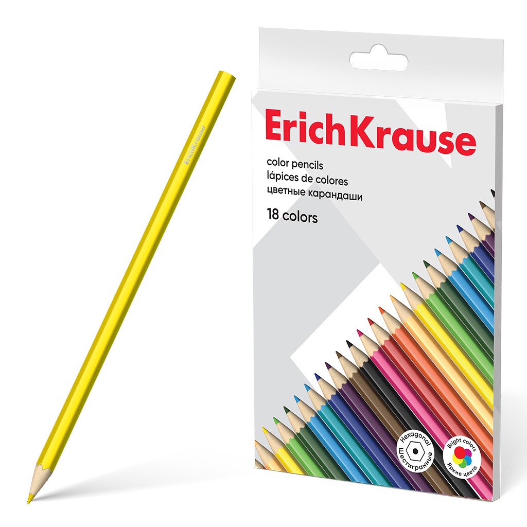 Цветные карандаши Erich Krause шестигранные, деревянные 18 шт
