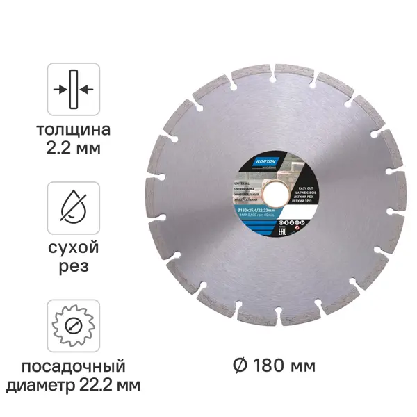 Диск алмазный Norton Universal 70184601272 сегментный 180x25.4/22.2x2.2 мм
