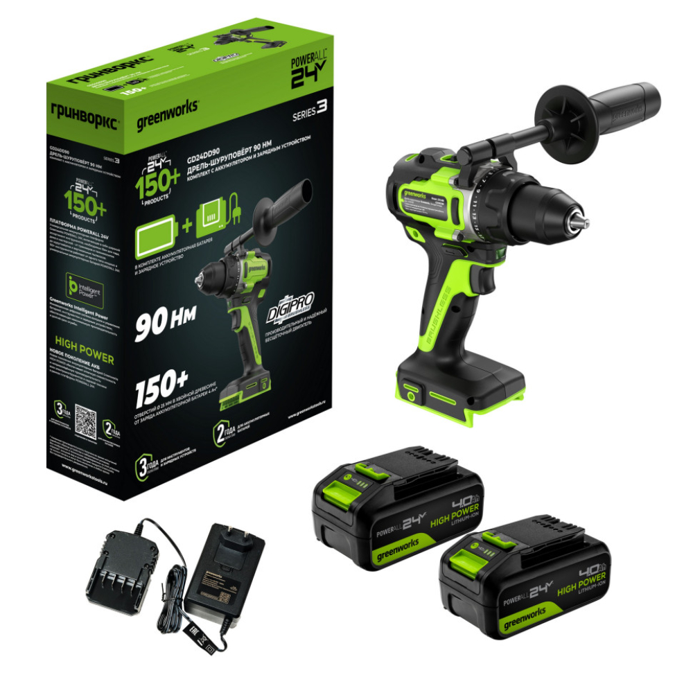 Дрель-шуруповерт аккумуляторная Greenworks GD24DD90, 24V, бесщеточная, 2x4Ач,ЗУ (3707507CUD)
