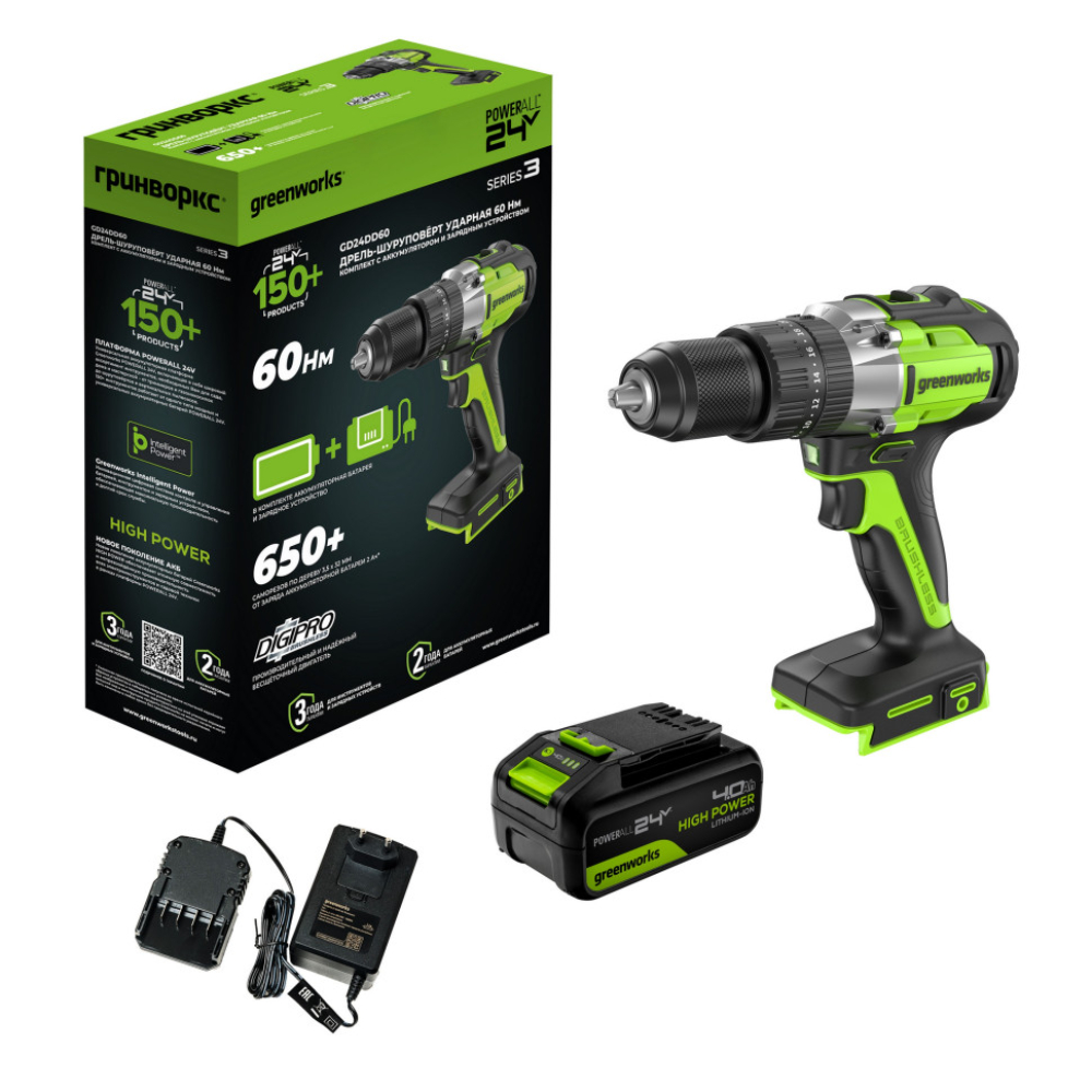 Дрель-шуруповерт ударная аккумуляторная Greenworks GD24DD60, 24V, бесщеточная, 1х4Ач,ЗУ (3704107CUB)