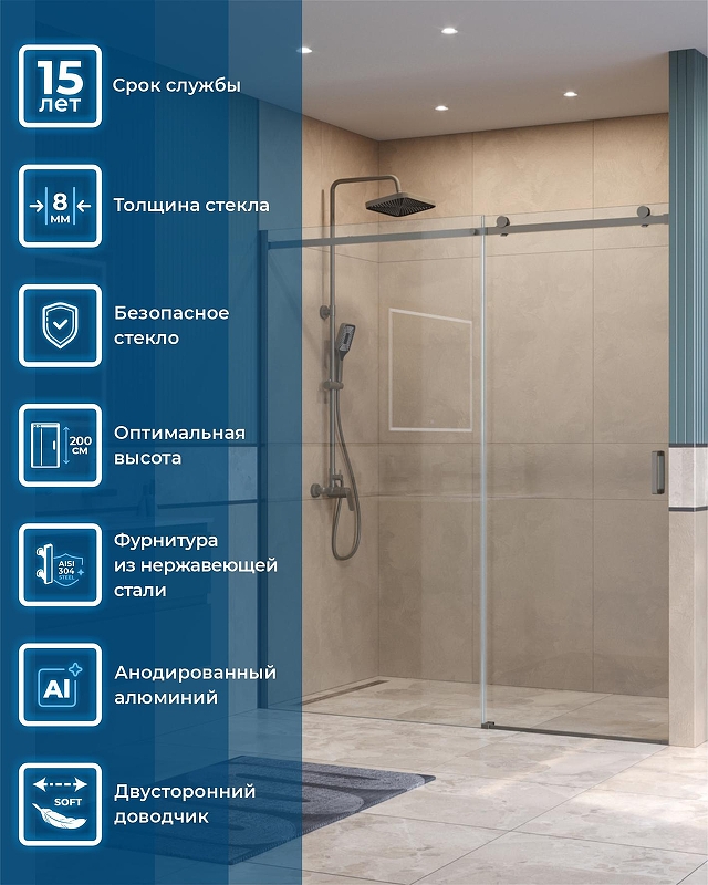 Душевая дверь BelBagno Soft Close-2 180 SOFT_CLOSE-2-BF-1-180-C-GM профиль Оружейная сталь стекло прозрачное