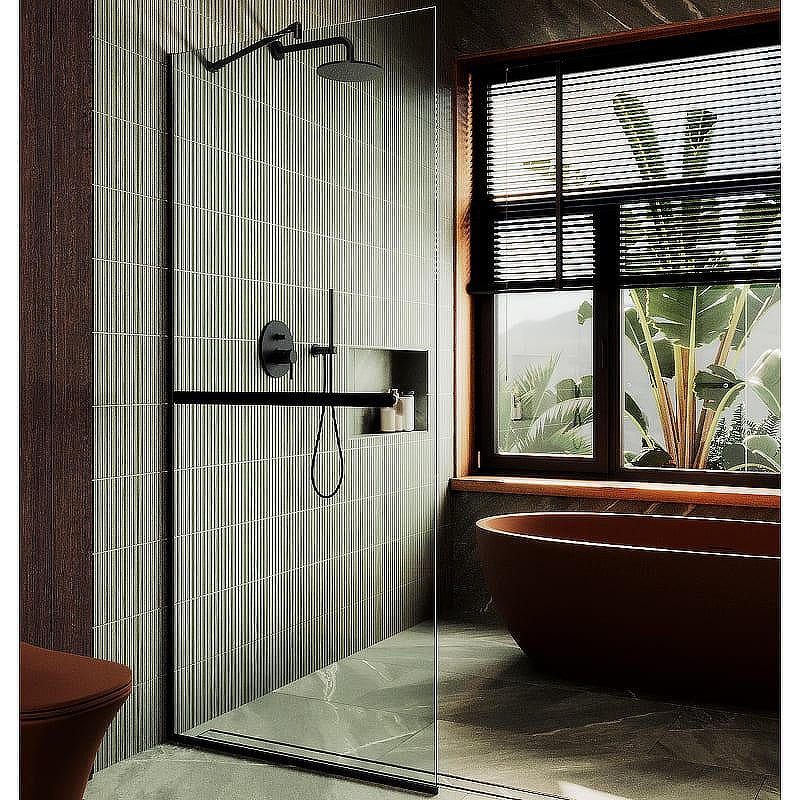 Душевая перегородка Maybah Glass MGD-1418-6у 990х1950 в узком профиле с полотенцедержателем Черный стекло прозрачное