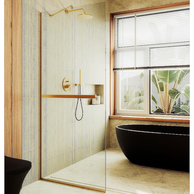 Душевая перегородка Maybah Glass MGD-708-3у 1090x1950 в узком профиле Золото стекло прозрачное
