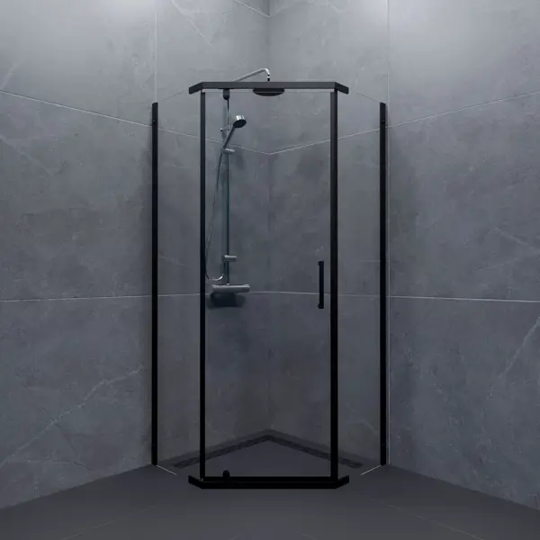 Душевая ширма Грета Triton пятиугольная 90x90x190см цвет профиля черный распашная стекло 6мм прозрачное