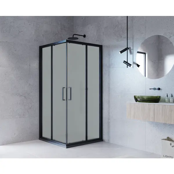 Душевая ширма Квадро Март квадратная 90x90x195см цвет профиля черный раздвижная стекло 6мм матовое