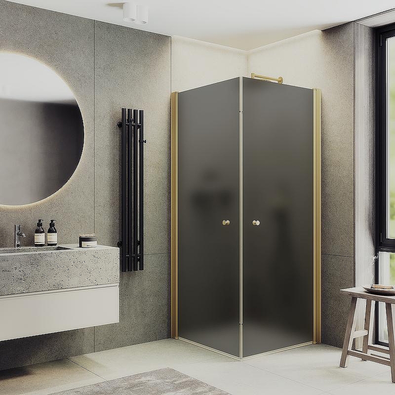 Душевой уголок Maybah Glass MGY-1299-3 900x900x1980 на монопетлях Золото стекло графитовое матовое