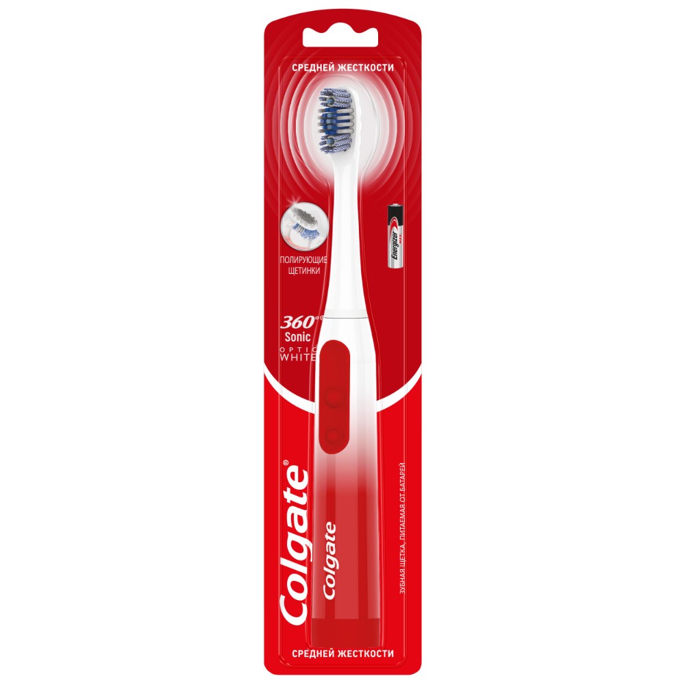 Электрическая зубная щетка Colgate 360 Sonic Optic White отбеливающая, на батарейках, средней жесткости