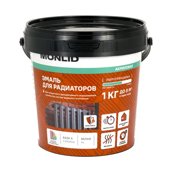 Эмаль акриловая для радиаторов MONLID гладкая полуглянцевая цвет белый база A 1 кг