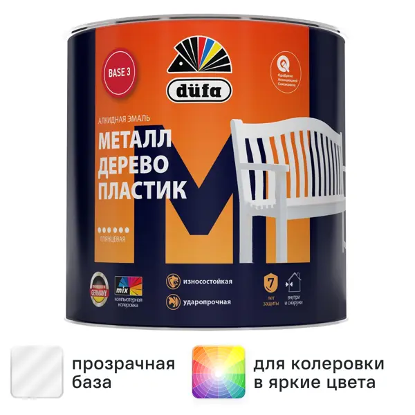 Эмаль Dufa Металл Дерево Пластик глянцевая прозрачная база 3 1.8 л