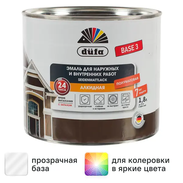 Эмаль Dufa Металл Дерево Пластик полуматовая прозрачная база 3 1.8 л