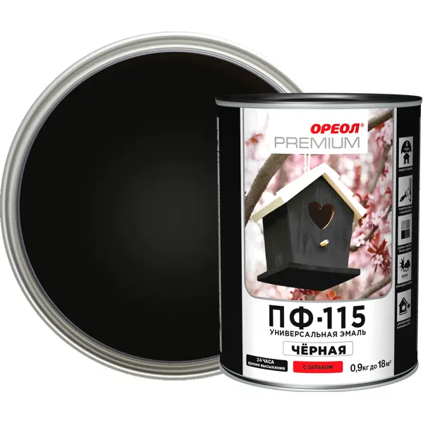 Эмаль Ореол Premium ПФ-115 глянцевая цвет чёрный 0.9 кг