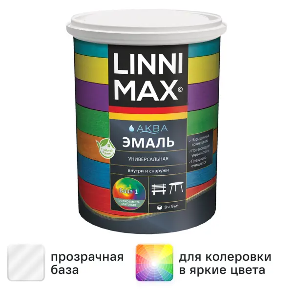 Эмаль универсальная Linnimax Аква шелковисто-матовая цвет белый база 1 0.9 л