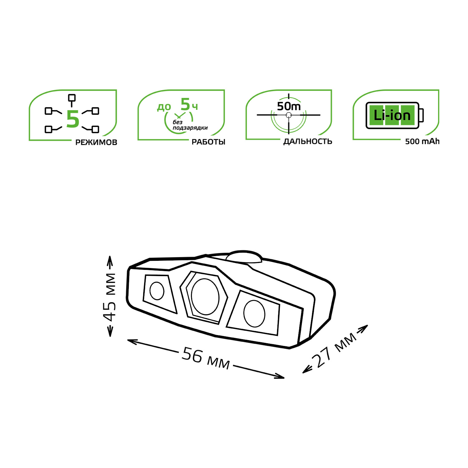 Фонарь Gauss налобный GFL406 5W 180lm Li-ion 500mAh LED